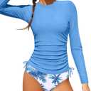Girls Bathing Suit Two Piece Ruched Long Sleeve Rash Guard Print Design Swimsuit Size 6-14Y (Blue, S)