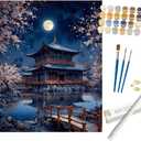 Moonlit Temple Paint by Numbers Kit for Adults - DIY Traditional Japanese Architecture Painting on Rolled Canvas 16x20 Inches, Acrylic Paint Set, Suitable for Beginners, for Home Decoration or Gifts