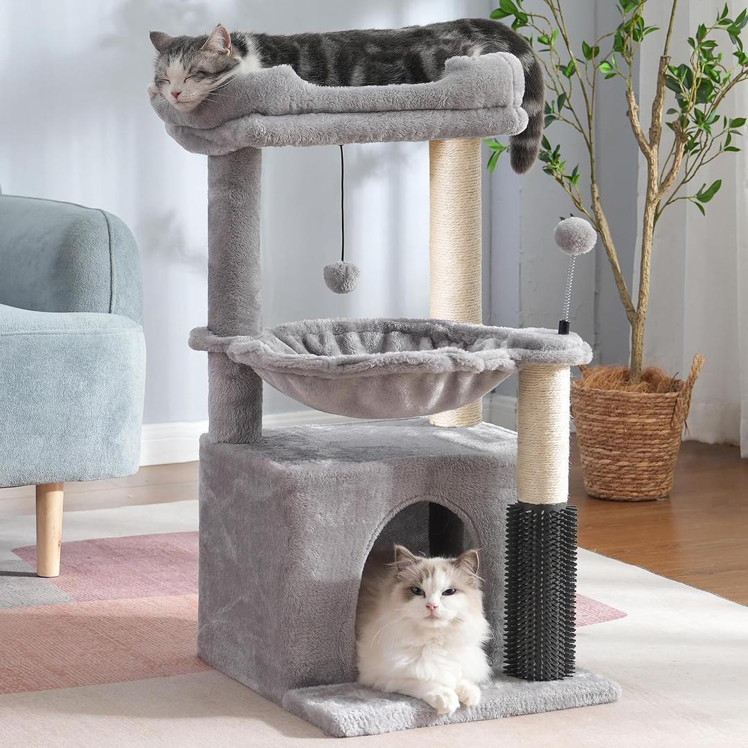 Cat Tree 32 Inches Small Cat Tower with Large Hammock Dia 15.7,Self Groomer, Fully Scratching Post, Removable Top Bed and Wide Hide way Condo for Indoor Cats-Gray