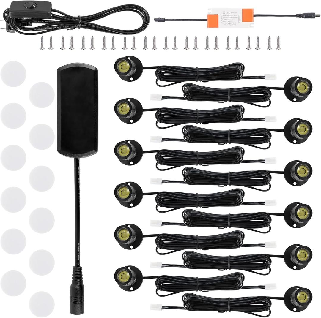 12pcs Warm White Mini LED Spot Lights, 3000K Under Cabinet Lights, Mini Spotlights Display Light for Painting Picture Plants Jewelry Showcase Model Display Shelves ,Pushbutton Switches,U.S. Plugs