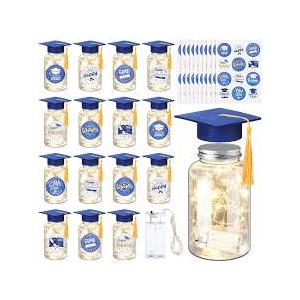Boao 16 Sets Graduation Table Decoration Set with LED Light up Graduation Decorations for Class of 2025, Graduation Jar, Felt Graduation Hat and Stickers for High School College Graduation(Blue)