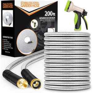 Unywarse Garden Hose 200ft, Stainless Steel Heavy Duty Water Hose with 10 Function Nozzle Flexible, Lightweight, No-Kink, Pet Proof, Puncture Proof Metal Hose for Yard, Outdoor