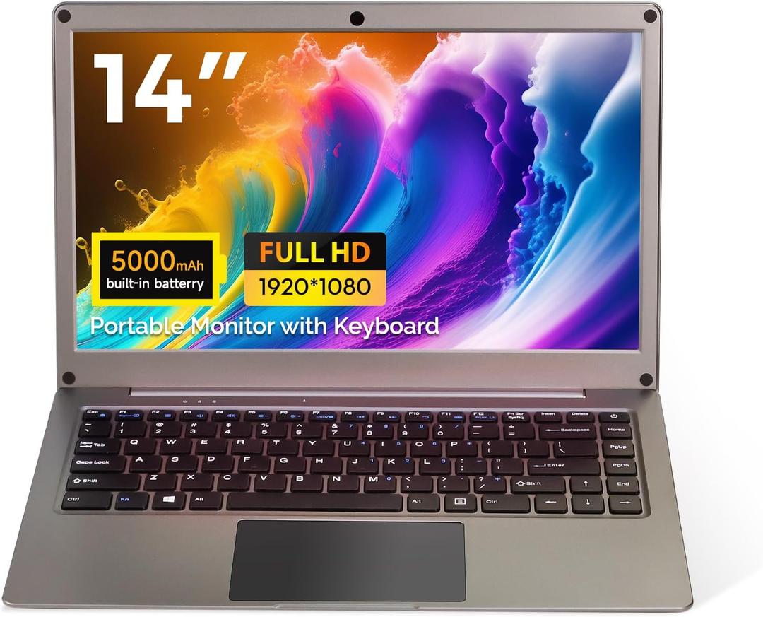 Portable Monitor with Keyboard, 14 Inch Laptop Monitor Extender Built-in 5000mAh Battery, 1080P FHD Screen CrowView Note Compatible with Raspberry Pi 5, Phone, Steam Deck, SBCs/Mini PC/PC