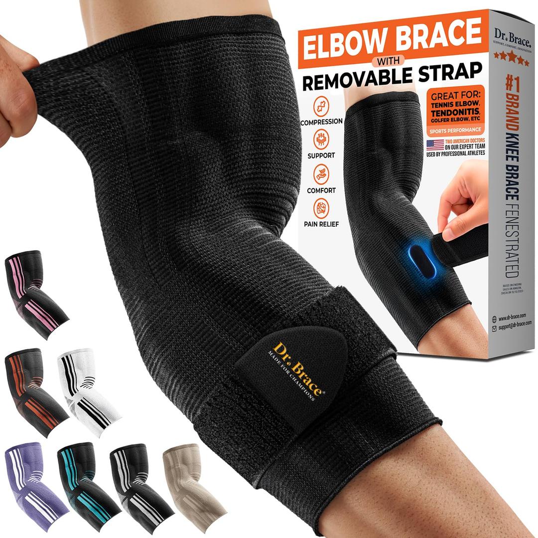 DR. BRACE Elite Elbow Brace Support with Removable Strap for Women & Men, Pain Relief for Tendonitis, Arthritis, Golfer's & Tennis Elbow Treatment, Elbow Sleeve for Workouts Weightlifting (Black, Medium)