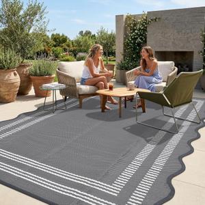 Garvee Waterproof Outdoor Rug 9x12, Scalloped Geometric Foldable Plastic Straw Patio Camping Rug, Outdoor RV Carpet for Deck Camper Porch Balcony Backyard Picnic Beach, Gray