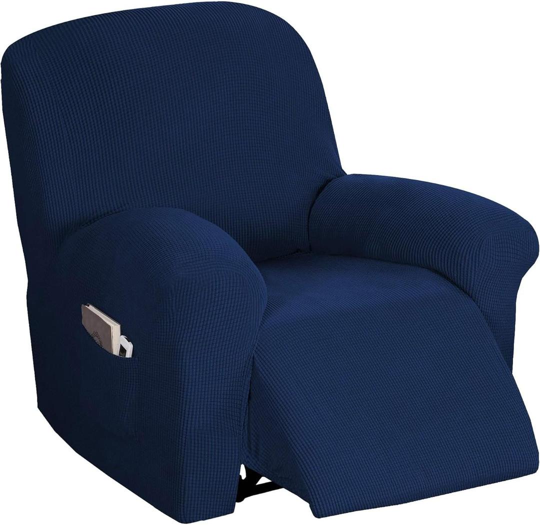 Flamingo P Stretch Recliner Chair Cover Recliner Cover for Electric/Manual Style | Furniture Cover for Reclining with Side Pocket, Soft Checked Jacquard Fabric Form Fitted Standard/Oversized - Navy