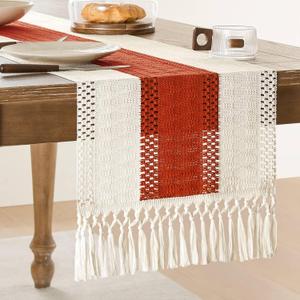 ZeeMart Macrame Style Bicolor Stitching Table Runner, 14 x 72 Inch Orange/Ivory, Boho Burnt Orange Fall Table Runners 72 Inches Long, Farmhouse Woven Fall Home Decor