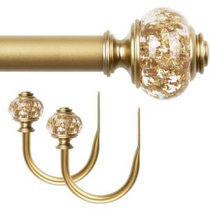 Gold Curtain Rods 36 to 72 Inches and Holdbacks with Translucent Finials Embedded with Gold Foil