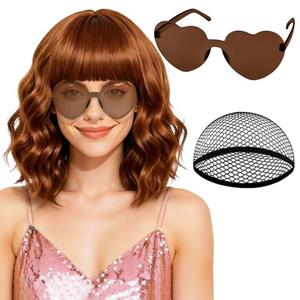 PLULON Maroon Curly Bob Wig Heart Sunglasses for Women, Girls Shoulder Length Wavy Wigs with Bangs Synthetic Hair with Hair Cap for Valentine's Day Sisters Gathering Birthday Daily Outfit Costume