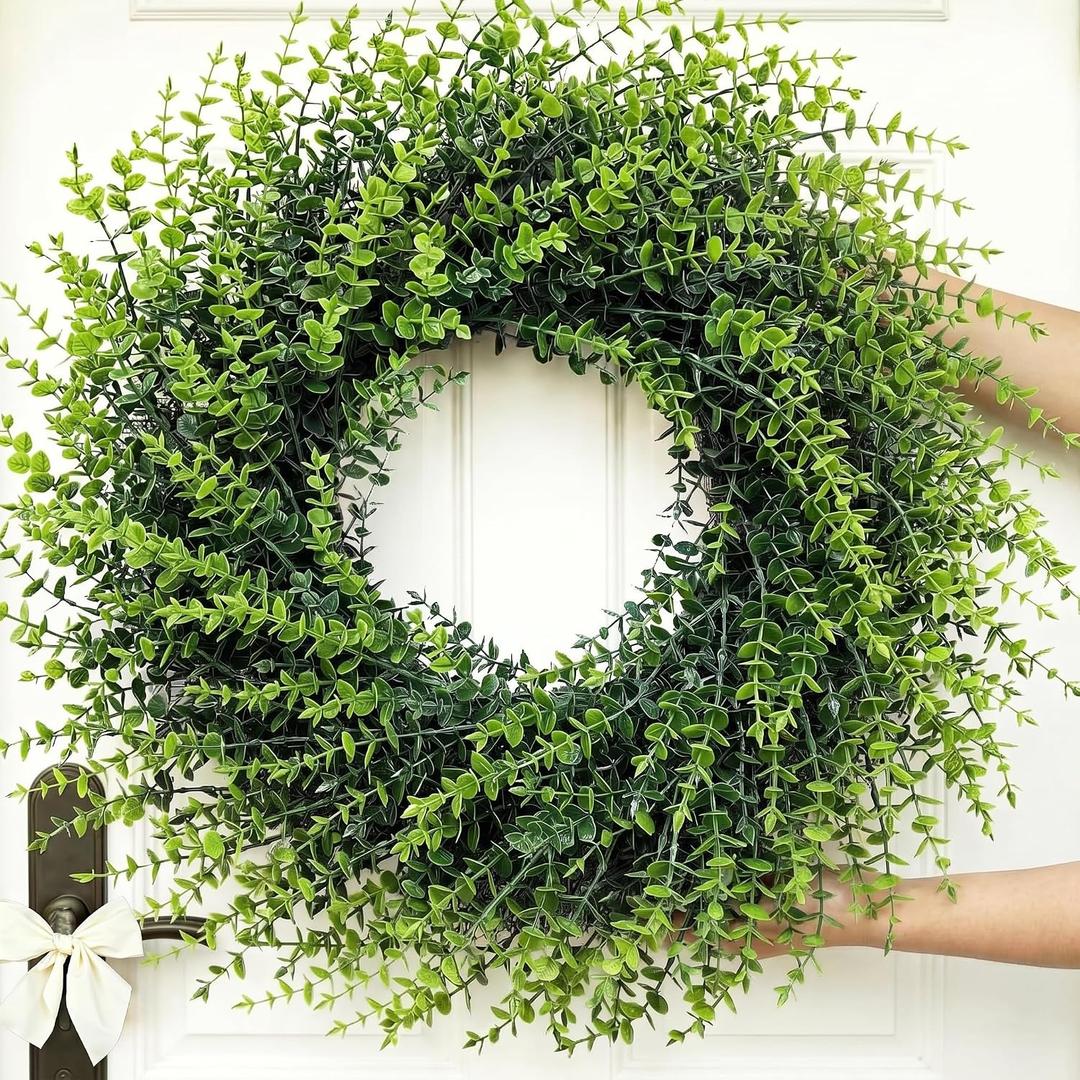 26''Large Artificial Boxwood Wreath for Front Door, All Year Round Greenery Wreath Home Decor Artificial Spring Summer Greenery Hanging for Wall Farmhouse Wedding Indoor Outdoor Decor(Include Ribbon)