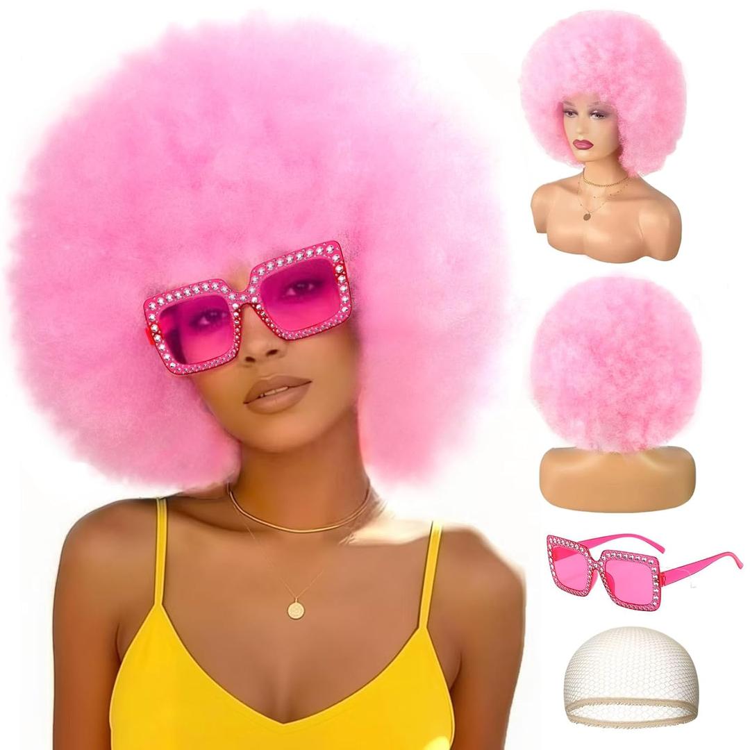Colored Afro Wigs for Women Men 70s and Disco Sunglasses Set, Funny Wig with Curly Bouncy Huge Fluffy Puff and Oversize Retro Rhinestone Sunglasses - for Costume Cosplay Party (Pink)