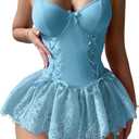 Sexy Choker Corset Underwire Lace Sheer Garter Stockings Babydoll Lingerie Set with Thong 4 Piece Outfits (Large, Light Blue)