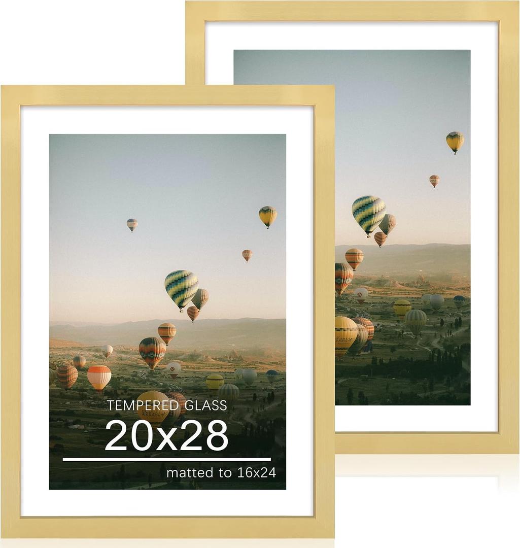 20x28 Poster Frame Set of 2, 20 x 28 Wood Picture Frames with Mat for 16x24, Wooden Photo Frame with Tempered Glass Cover for Wall Mounting Display, Gold, 20x28-2Pack