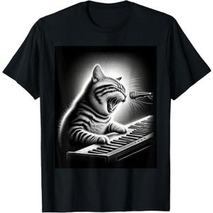 Musician Piano Player Funny Cat Playing Keyboard Men Women Kids T-Shirt