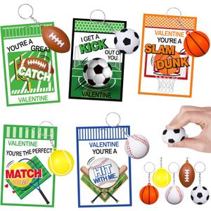 24 Pack Sports Keychain Valentines Cards for Kids School Boys Valentine Classroom Gifts Bulk Fidget Valentines Day Party Favors Stress Balls for Kids Class Gift Exchange