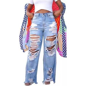 HuiSiFang Women's Ripped Jeans High Waisted Straight Wide Leg Cut Out Destroyed Frayed Tassel Jeans Distressed Baggy Jeans 3XL