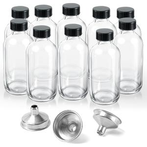 10 Pack Clear Glass Bottles, 4 oz Shot Bottle With Lids and Funnels | Leak Proof Mini Travel Bottle, Round Small Sample Bottles for Juice, Ginger Shot, Oils, Whiskey, Hot Sauce, Liquids