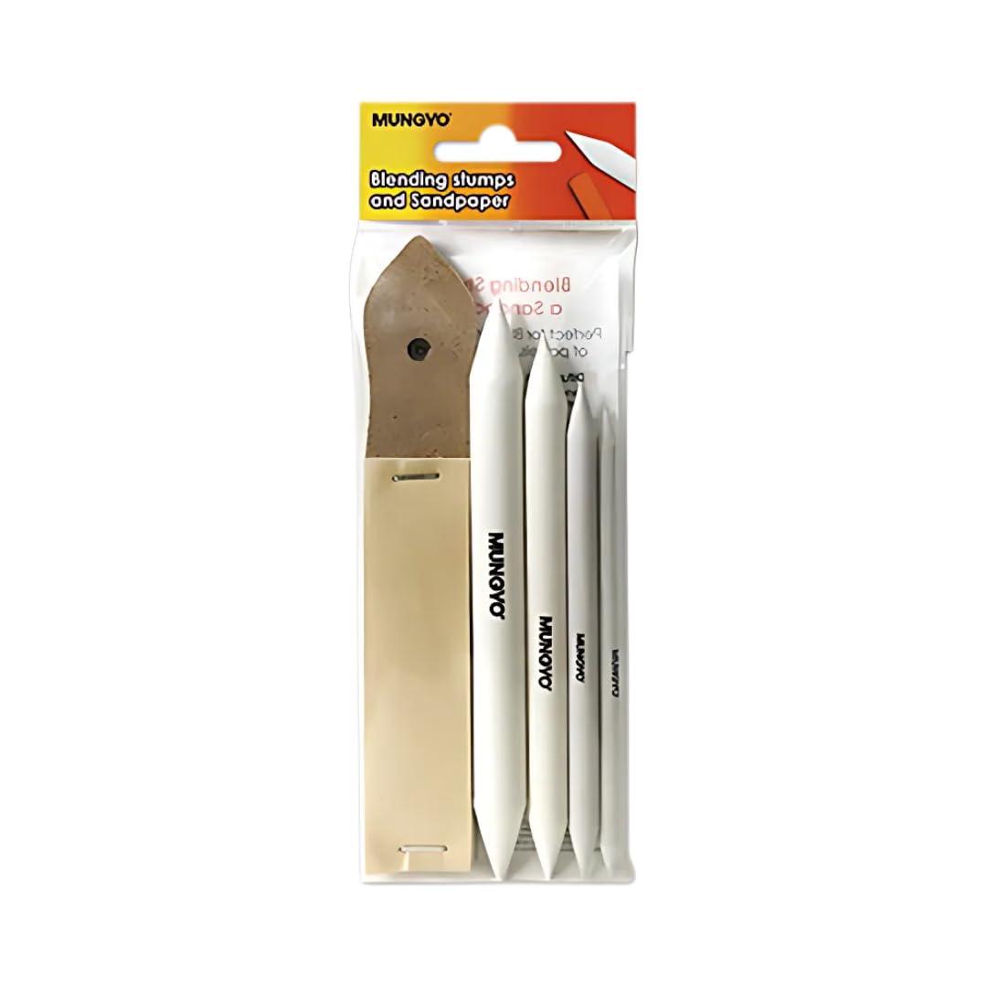 MUNGYO Blending Stumps and Sandpaper Set  4 Sizes for Blending & Shading Pastels, Charcoal, and More  Includes Sandpaper Sharpener