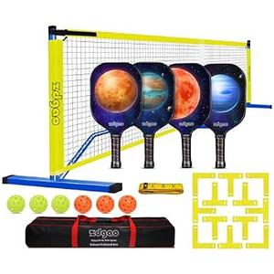 Pickleball Net and Fiberglass Paddle Set of 4, Complete System for Outdoor