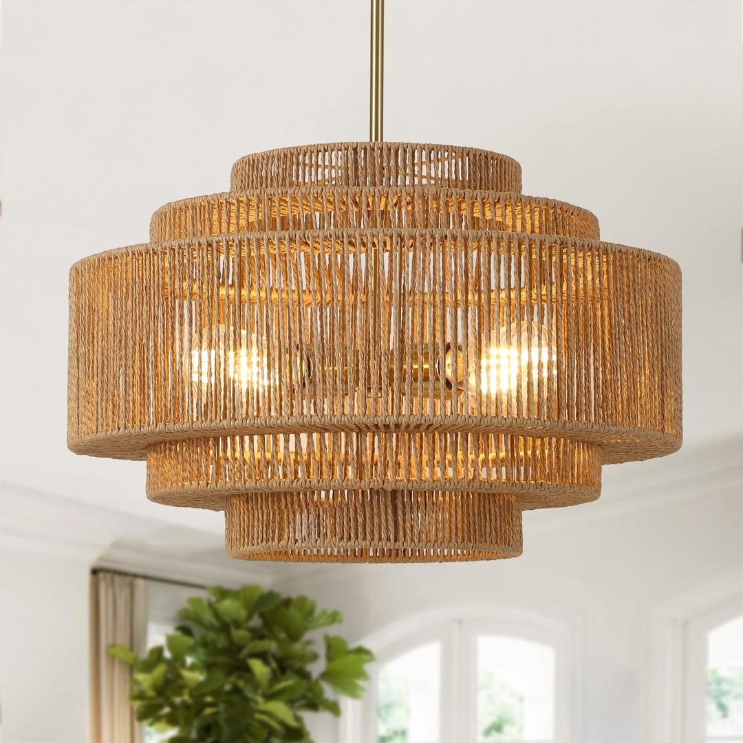 MeiShiDeng 19.68" Boho Chandelier Light Fixtures,5-Tier Hand-Woven Rattan Chandelier,4-Light Farmhouse Drum Wicker Hanging Pendant Light for Dining Room Kitchen Island Bedroom Living Room Foyer