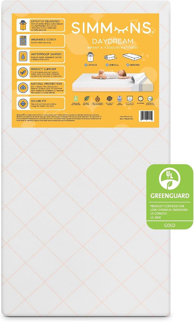 Simmons Kids Daydream 2-Sided Crib and Toddler Mattress GREENGUARD Gold Certified, CertiPUR-US Certified Foam, Breathable Machine Washable Cover, Waterproof Barrier, Made in USA, White