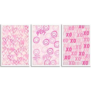 ZNHART Simplicity Pink Wall Art Set of 3 | Heart Shaped Doodle Smiley XO | Modern Canvas Prints for Girls Bedroom | Pink Wall Decor for Gallery, Dorm, or Home - Unframed 16x24 Inch