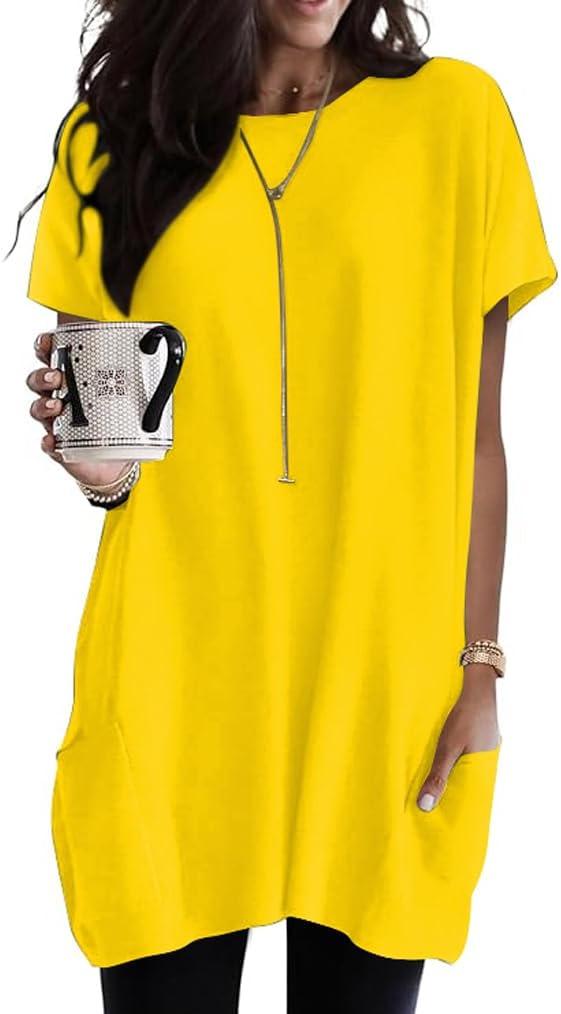 Poetsky Summer Womens Tunic Tops for Leggings with Pockets Short Sleeve Casual Long T Shirts S-3XL (Yellow)