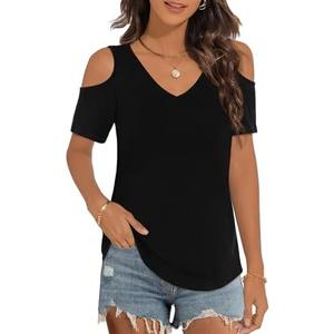 Elesomo Womens V Neck Cold Shoulder Tops Short/Long Sleeve Summer T Shirts Basic Tees, XL