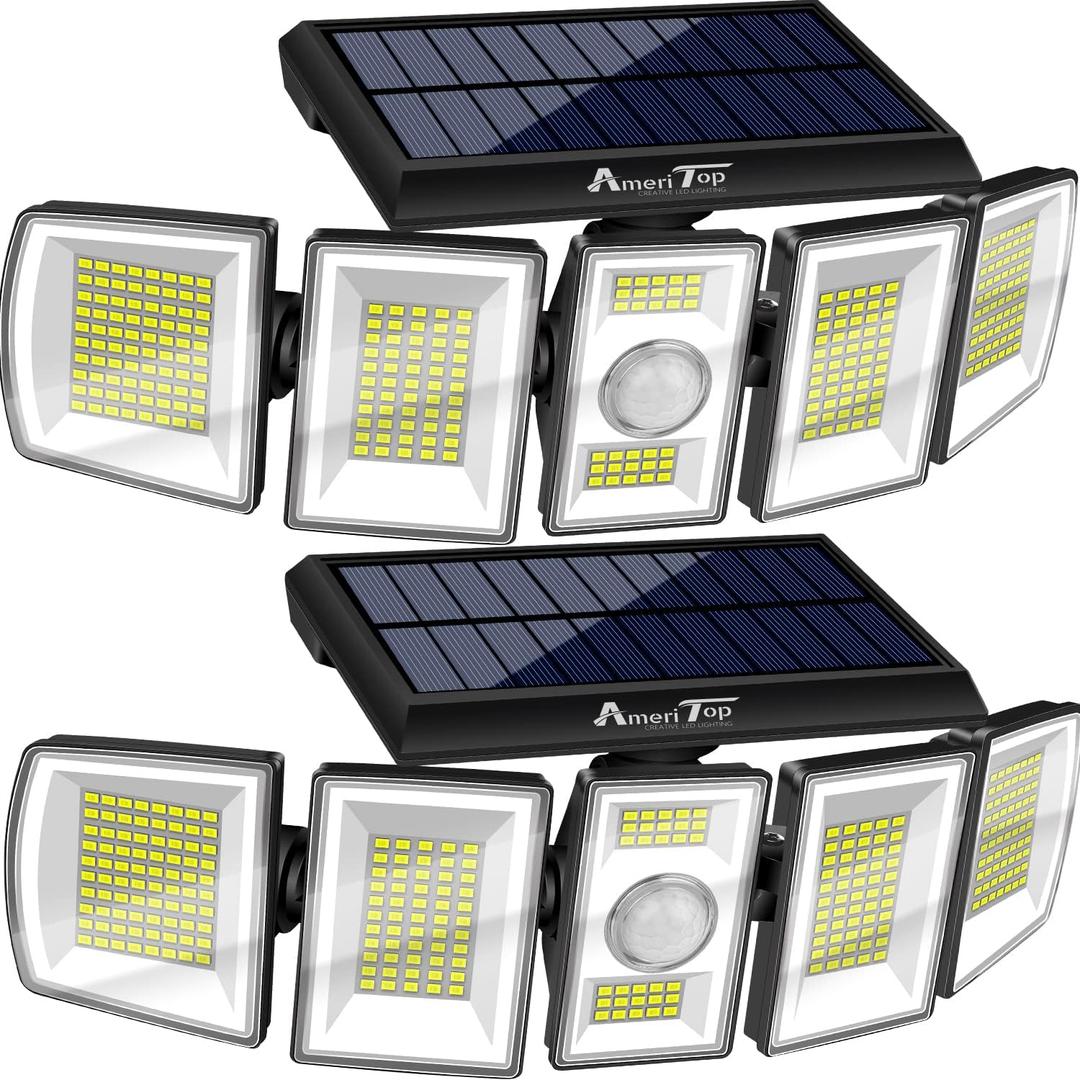 AmeriTop Solar Lights Outdoor 300 LED 6500K Motion Sensor Lights Cordless; 5 Adjustable Heads, 360° Wide Angle Illumination, IP65 Waterproof, Security Flood Light for Patio Yard Garden 2 Packa
