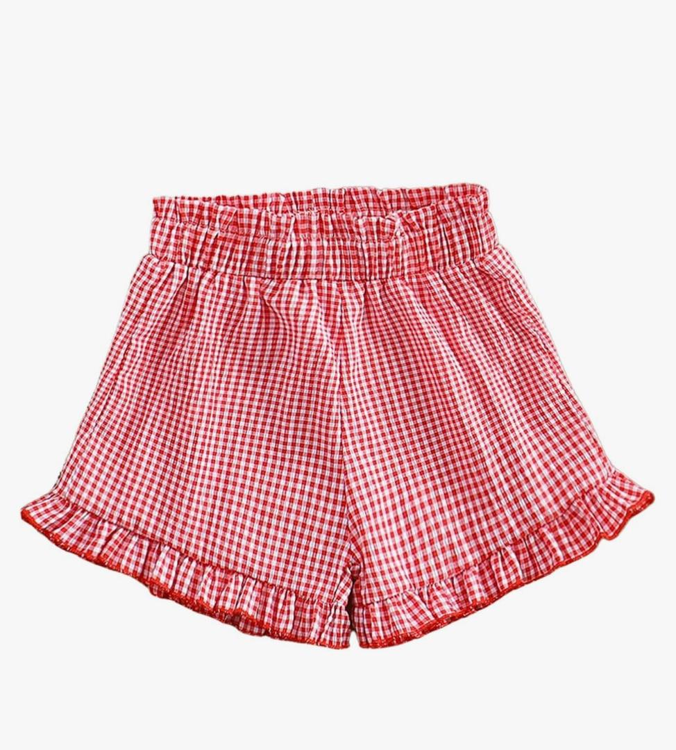 Girl's Gingham Shorts Elastic Waist Wide Leg Ruffle Hem Loose Casual Summer Plaid Shorts, Size 12 Y