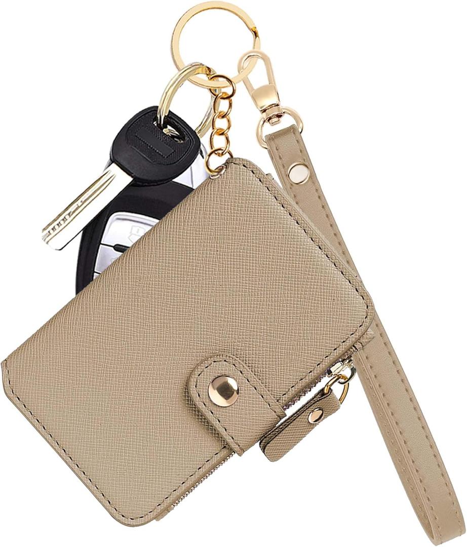 M-Plateau Wallet, Womens card Holder Leather Keychain Wallet With Zipper Coin Pocket ID Window Wrist Strap Gift Box (Khaki)