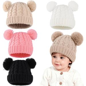4 Pcs Knitted Winter Hat for Little One, Double Pom Beanie with Soft Knit Fabric, Warm and Breathable, Fits 03 Years, Cozy Cold Weather Hat for Little One, Multiple Colors Multicolor