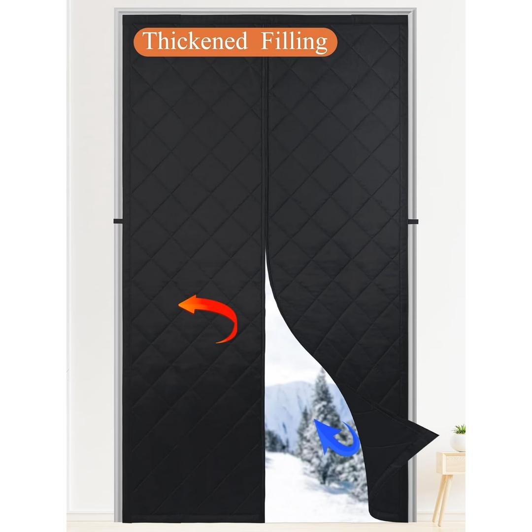 Magnetic Insulated Door Curtain Fits 48"x80" Doors  Thermal Door Cover for Winter with Clear Window, Window Insulation Kit & Doors Draft Stopper to Keep Cold Air Out for Front Doorway Home  Black