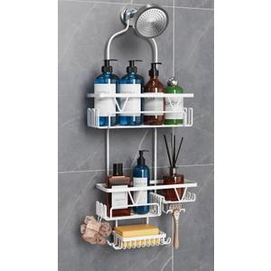Over the Shower Head Caddy, White Shower Caddy Hanging, 3 Tier Anti-Swing Bathroom Organizer with Soap Holder & Hooks (XL)