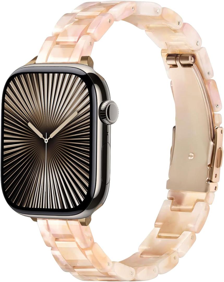 Slim Resin Band Compatible With Apple Watch Band Women 38mm 40mm 41mm 42mm 44mm 45mm 46mm, 14mm Thin Tortoise Lightweight Bracelet Dressy Strap for iWatch Bands Series 11 10 SE 2nd/3 9 8 7 6 5 4 3