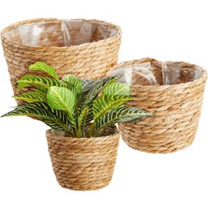 Juvale Seagrass Indoor Planter Set with Plastic Lining, 3 Small Woven Wicker Baskets for Plants, Flower (3 Sizes)