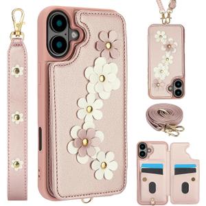 for iPhone 16 Wallet Case, Magnetic Snap Flip Leather Cover with Flower Design Credit Card Holder Stand Wristband，iPhone 16 Protective Phone Case for Women