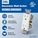 (100 Pack) CML 15 Amp Decor Wall Receptacle Outlet, Child-Safe Tamper Resistant (TR), 15A/125V, Standard Decorator Electrical Outlet, UL Listed, White