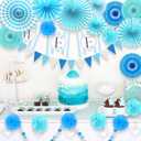 2 x LRCXL Blue Party Decoration, 21Pcs Blue Hanging Paper Fans, Paper Pom Poms Flowers, Pennant, Garland String, Banner for Boy Birthday, Bridal Shower, Baby Boy Showers, Wedding