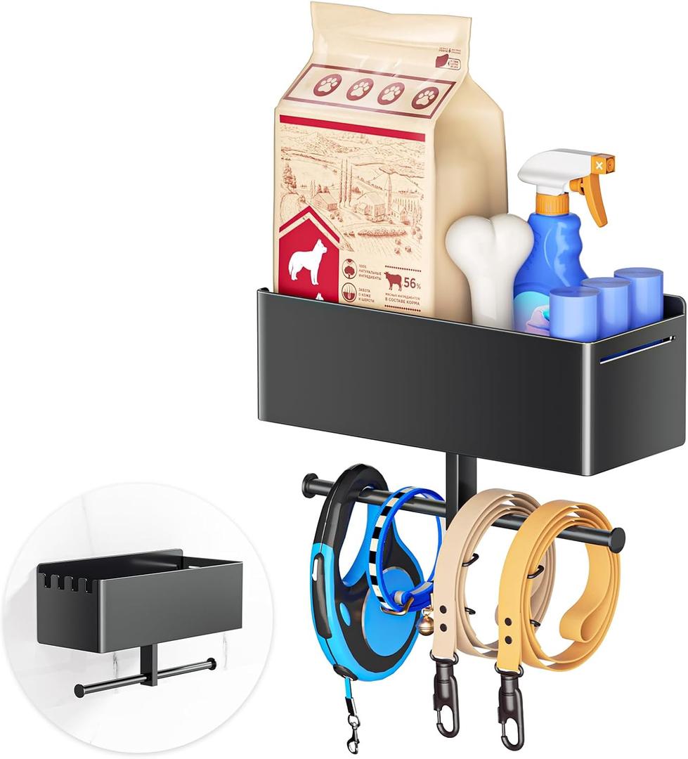 Dog Leash Holder for Wall, Dog Leash Hooks, Pet Stuff Organizer with Shelf Storage, Metal Key Holder, Leash Hangers Organizer Rack for Pet Collar, Toys, Treats, Poop Bag (Black)