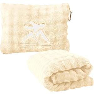 Travel Blanket and Pillow-2-in-1, Ultra-Soft&Compact, One-Piece Airplane Blanket with Hand Luggage Belt and Backpack Clip,Travelers Accessories Gifts, 61x43 Inches(White)