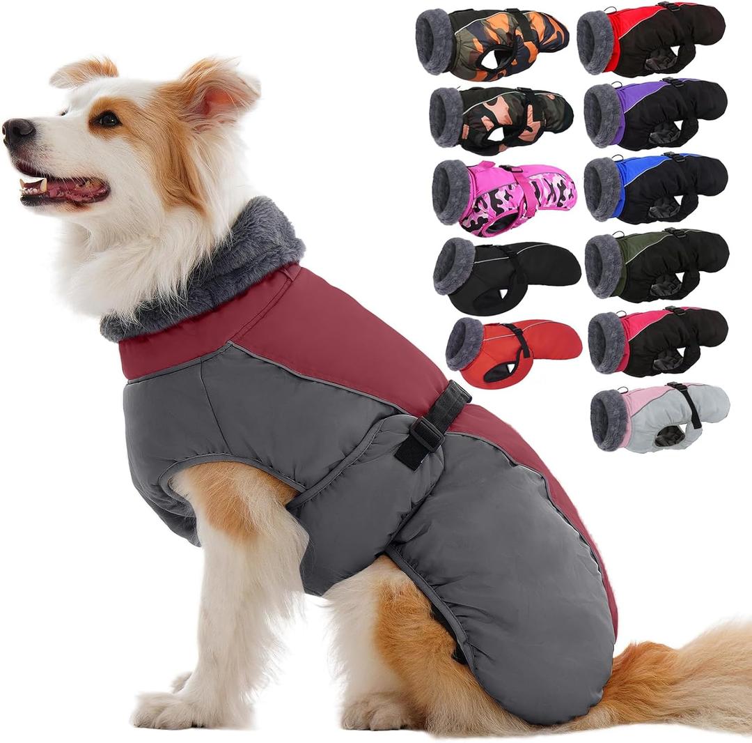 IECOii Dog Coat for Large Dogs, Reflective & Adjustable Turtleneck Jacket with Buckle, Thermal Fleece Lined Dog Snowsuit for Cold Weather - Soft Dogs Winter Coat Windproof Warm Vest, Burgundy, L (Large(Chest:20.9-24.4 in))