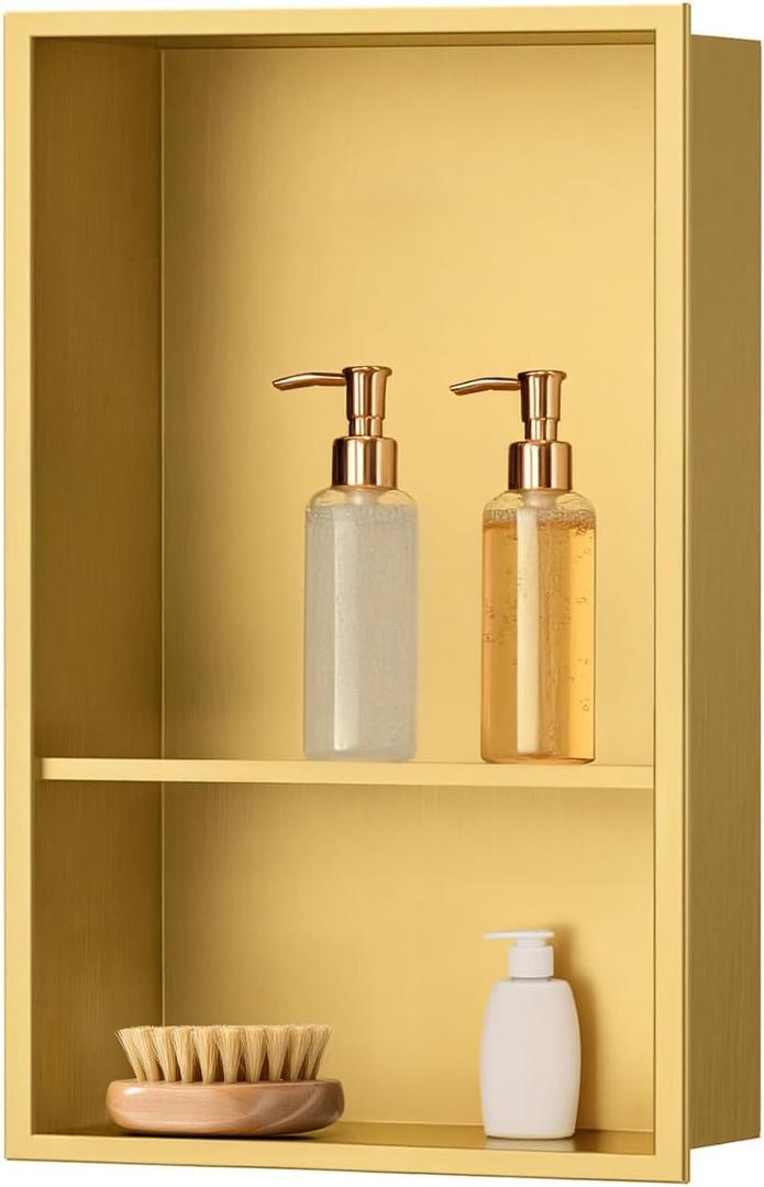 SaniteModar Shower Niche, Stainless Steel Shower Niche No Tile Needed, Recessed for Bathroom Storage (Brushed Gold, 18" x 12" Double)