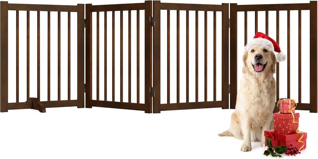 Solid Wood Freestanding Pet Gate - 4 Panels 24" - Folding Safety Fence with 2 Support Feet - Ideal for Stairs, Doorways, Halls, Kitchens - Indoor Wooden Dog Gate - Walnut Color