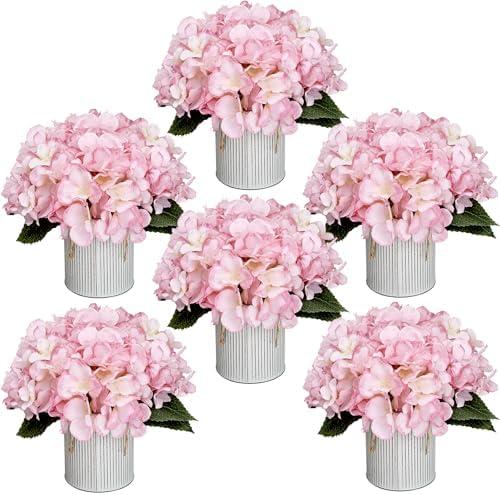 DIYDOFUN Flower Table Centerpieces - Set of 6 Floral Arrangement Artificial Wedding Hydrangeas Floral Arrangement with Rustic Metal Vase for Bridal Tea Party Event Decorations - Pink