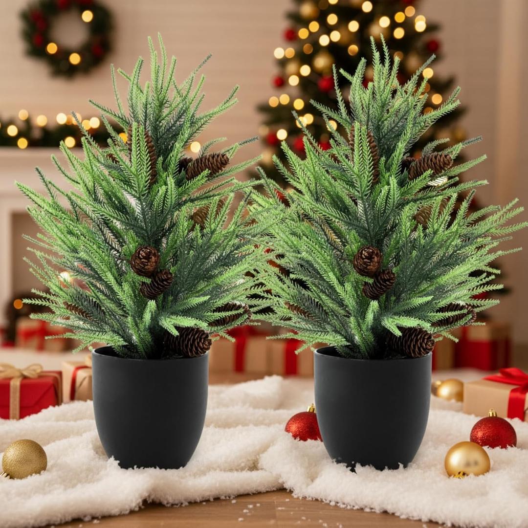 Jexine 2 Pack 2ft Artificial Christmas Norfolk Pine Tree with Pot Realistic Faux Christmas Norfolk Branch with Pine Cones Tabletop Xmas Tree Greenery for Front Porch Mantel Entryway Xmas Home Decor