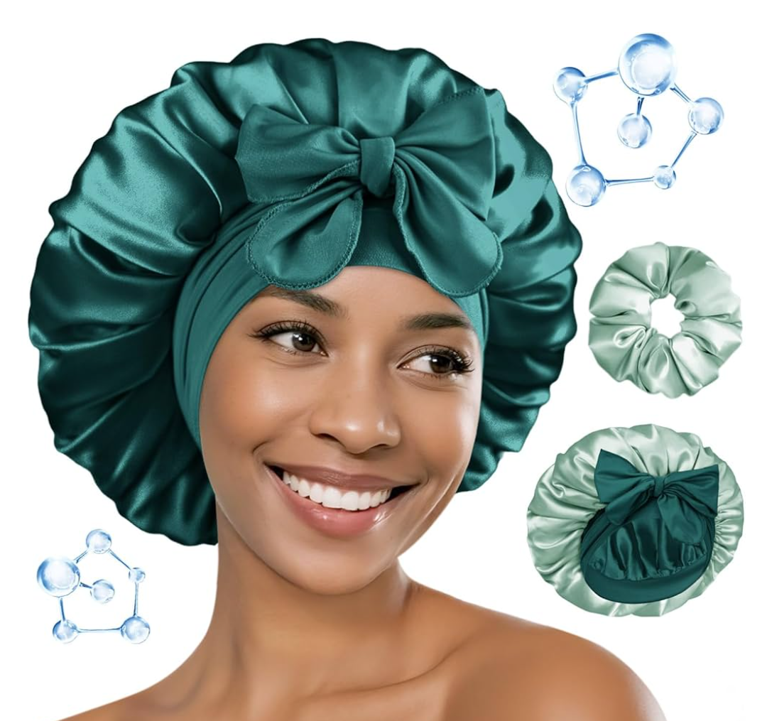 Double Layer Satin Sleep Bonnet with Tie Band Large Size Hair Protection Cap Emerald Green Sleep in Luxury Soft Bonnet Styles Overnight
