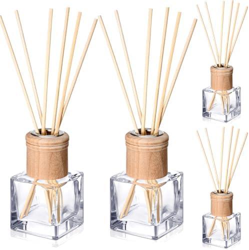Roshtia 4 Set Reed Diffuser Bottle Empty Refillable Fragrance Glass Diffuser Bottles with Wooden Caps Rattan Sticks 50ml 1.7 oz Glass Jars for DIY Fragrance