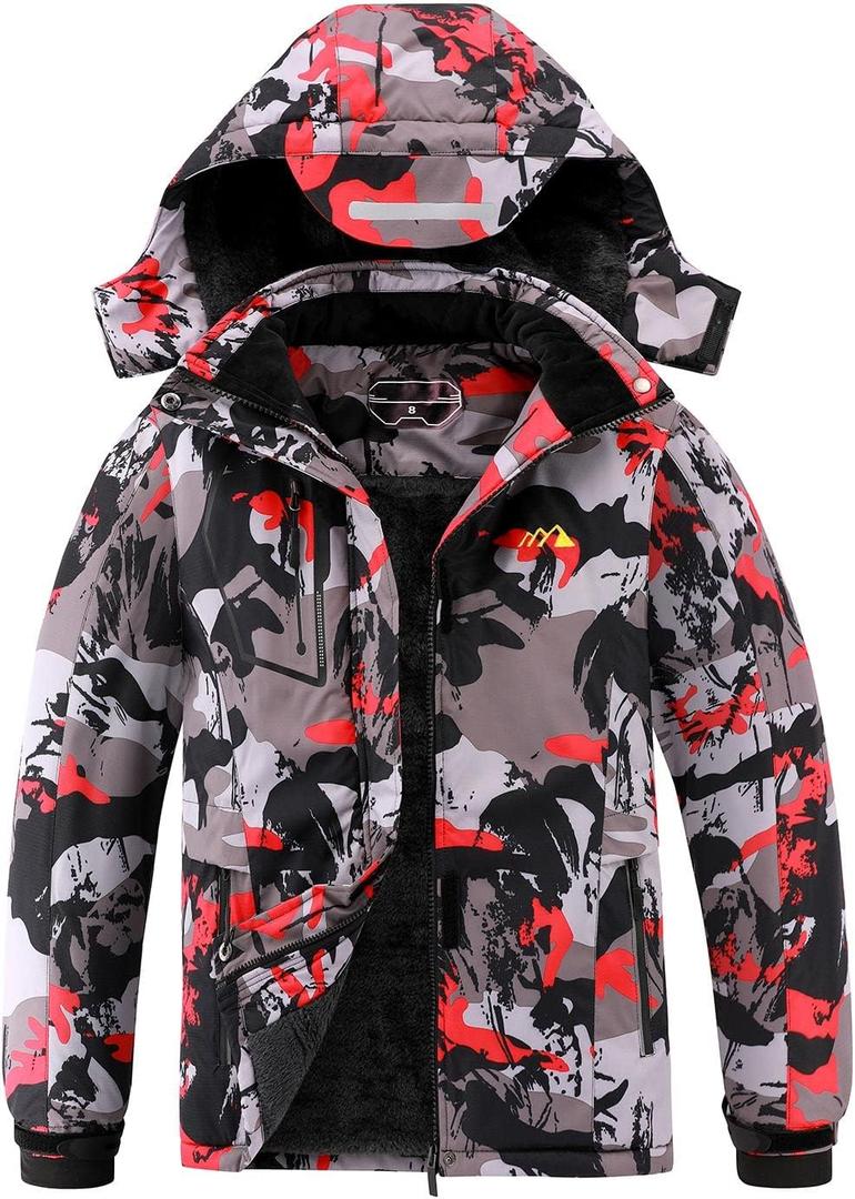 Kid's Ski Jacket Winter Waterproof Coat girls boys Fleece Snowboarding Jackets with Detachable Hood (14-16, Red Camo)