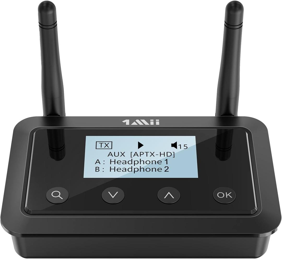 1Mii B03+ Bluetooth Transmitter Receiver for TV Home Stereo, Long Range Bluetooth 5.3 Adapter for TV Audio with Screen, aptX Low Latency & HD, Optical RCA AUX 3.5mm Inputs/Outputs (Black)